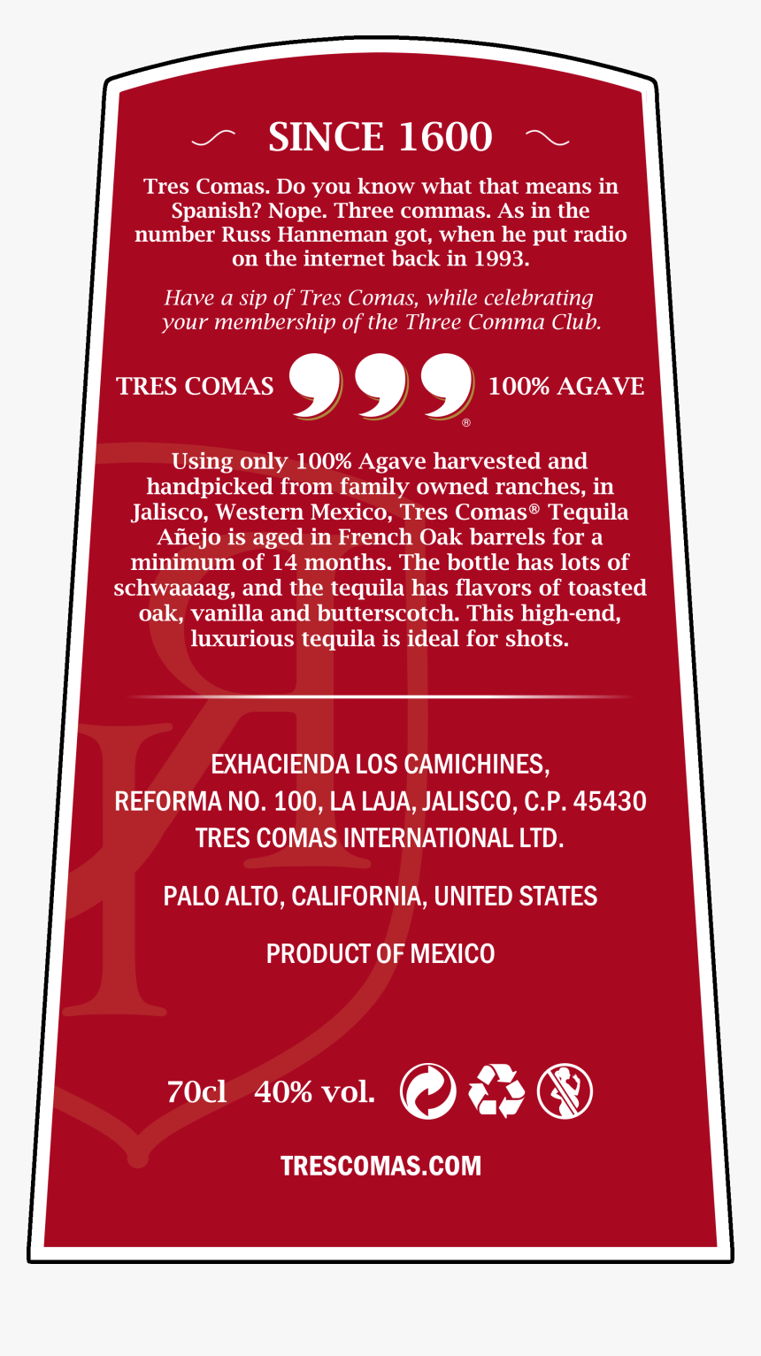 Tres Commas Tequila Label, HD Png Download, Free Download