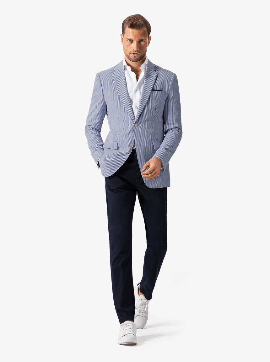 Blue Seersucker Suit Jacket With Pocket Square- - Seersucker Jacket Look, HD Png Download, Free Download