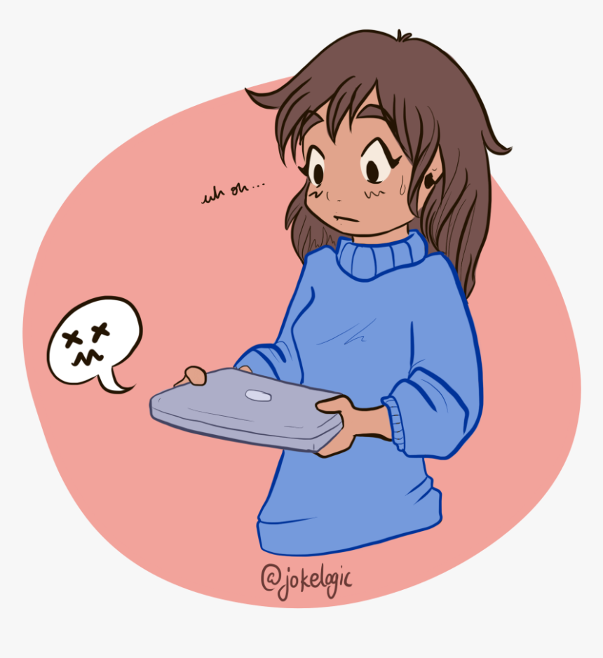A Drawing Of A Girl Holding A Laptop With A Sad Face - Cartoon, HD Png Download, Free Download