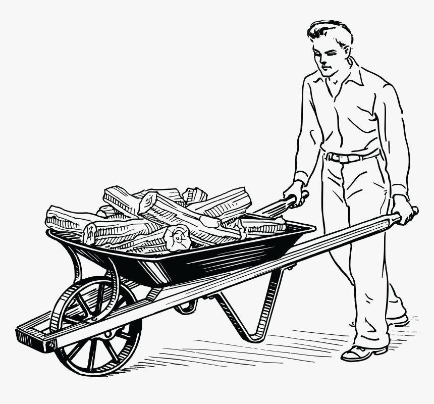 Free Clipart Of A Retro Black And White Man Pushing - Man Pushing A Wheelbarrow, HD Png Download, Free Download