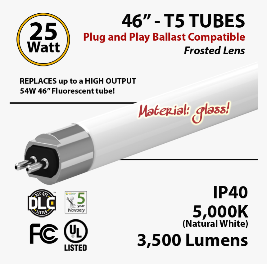 Led T5 Glass Tube Light 25 Watts Frosted Lens - Dlc Listed, HD Png Download, Free Download