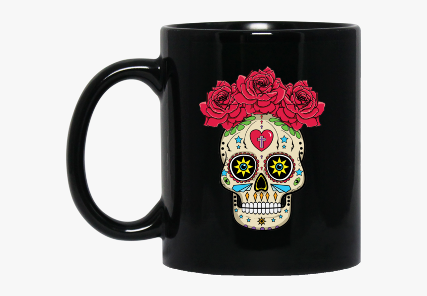 Sugar Skull With Roses Black Mug - Calavera, HD Png Download, Free Download