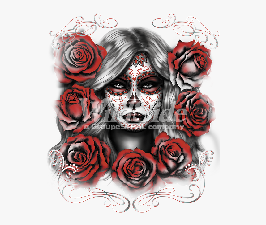 Sugar Girl With Red Roses - Sugar Skull Lady With Roses, HD Png Download, Free Download