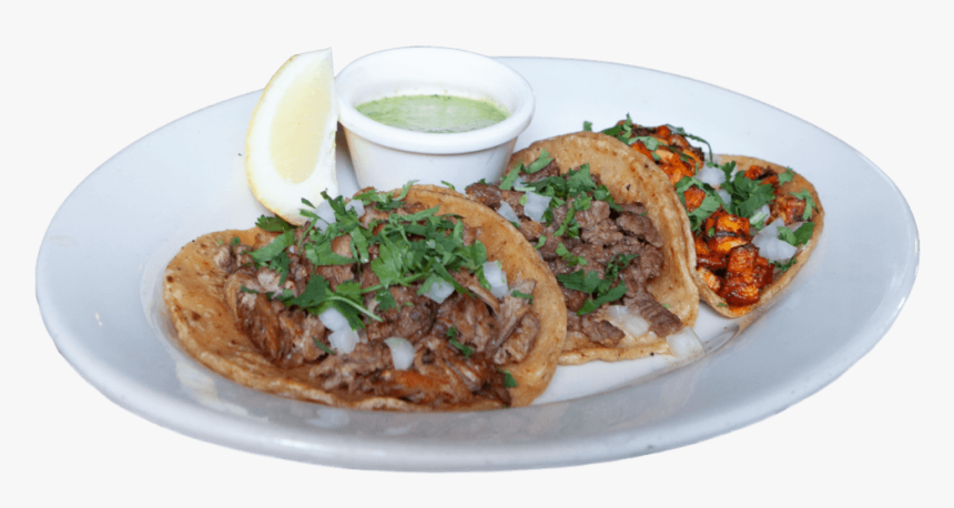 Three Tacos On A White Dish With Lemon And Avocado - Korean Taco, HD Png Download, Free Download