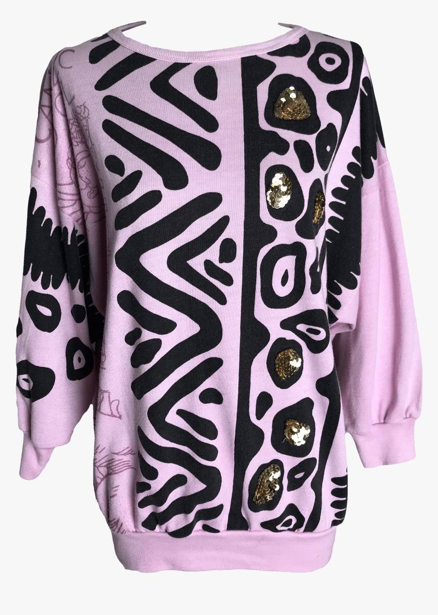 80’s Pink Sweatshirt With Black Print And Sequins By - Cardigan, HD Png Download, Free Download