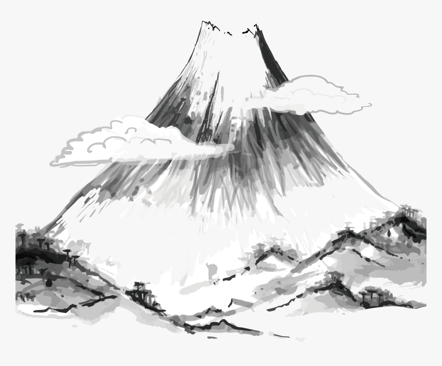 Drawing Japan Mountains - Volcano With Clouds Drawing, HD Png Download, Free Download