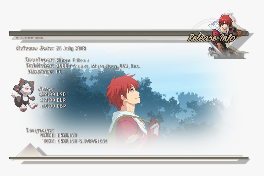 Ys Memories Of Celceta Pc - Cartoon, HD Png Download, Free Download