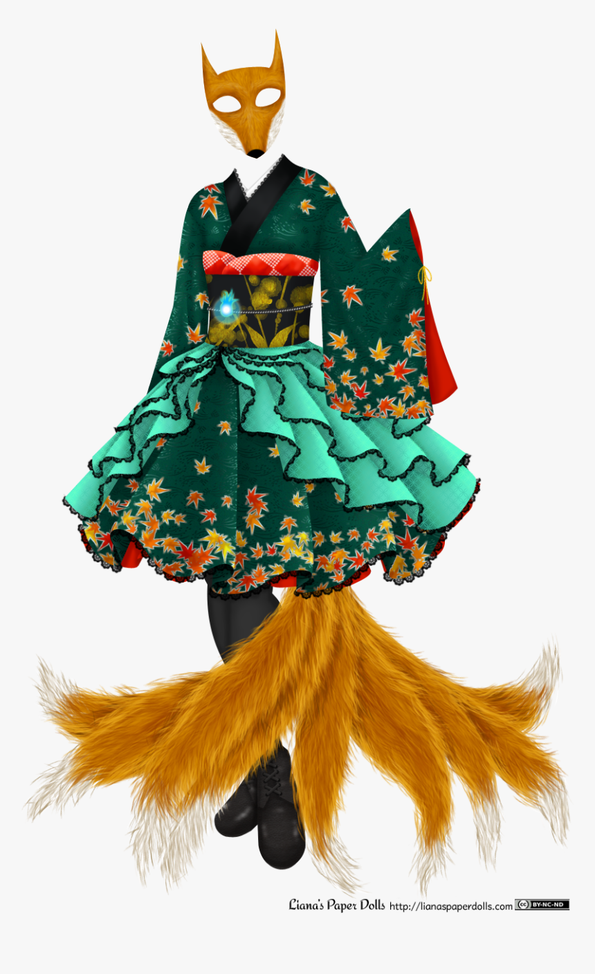 A Knee Length Teal Green Dress With A Fox Mask And - Kitsune Dress, HD Png Download, Free Download