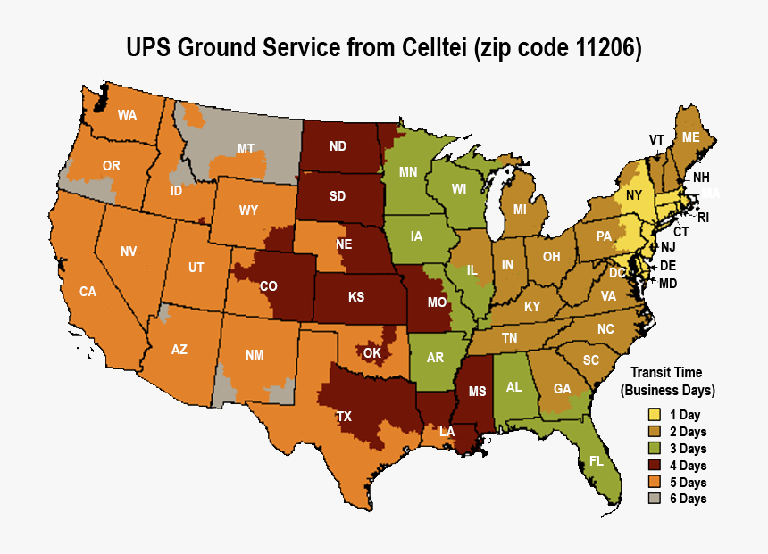 Celltei 48 States Ups Transit Time Map - Ups Map From Ny, HD Png Download, Free Download