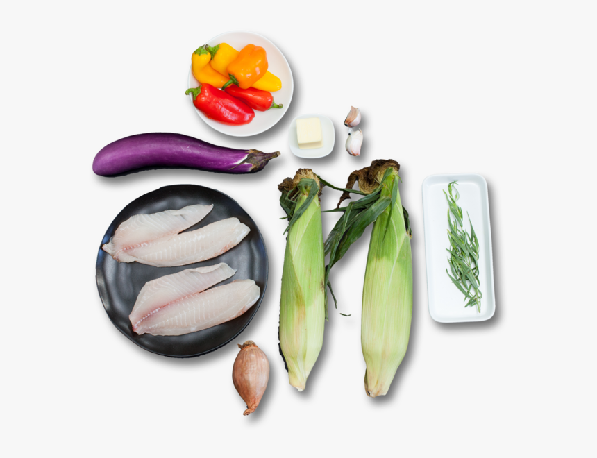 Tilapia With Shallot-tarragon Butter Over Corn & Japanese - Eggplant, HD Png Download, Free Download