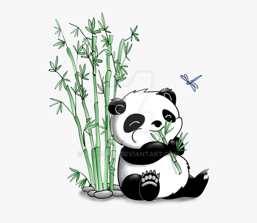 Panda Eating Bamboo By Artshell - Cute Panda With Bamboo Drawing, HD Png Download, Free Download