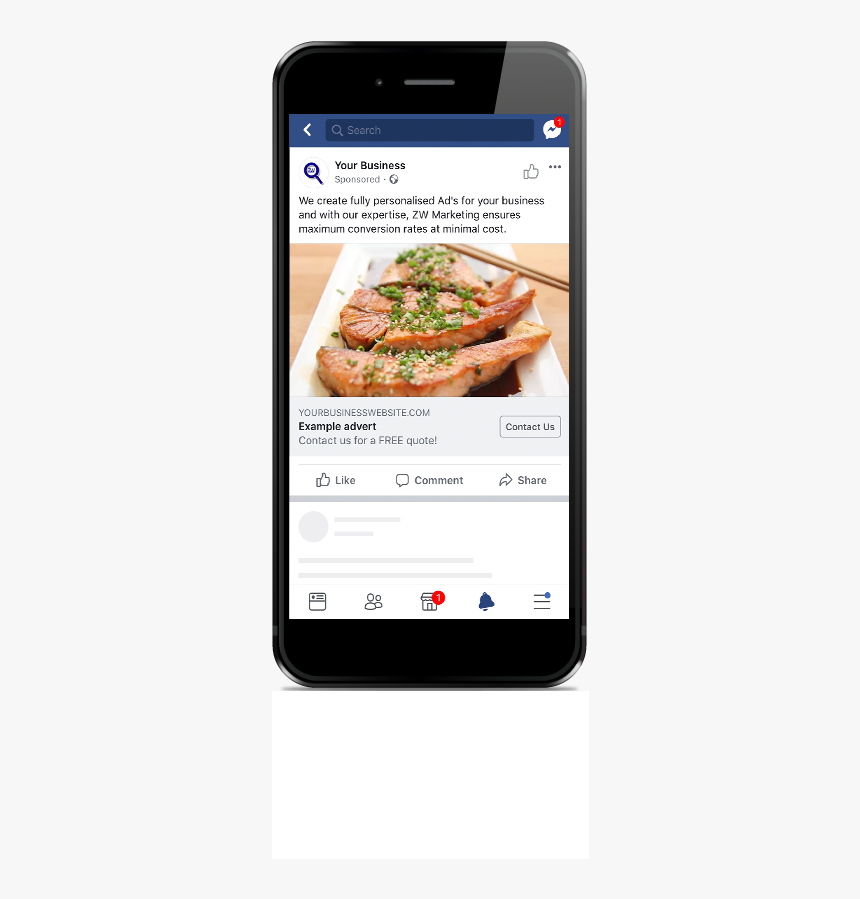 Phone Front View With A Facebook Ad With A Meal On - Smartphone, HD Png Download, Free Download