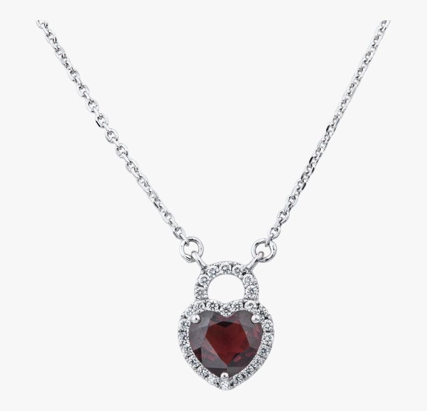 14k White Gold Diamond And Garnet Heart Lock Necklace - Necklace, HD Png Download, Free Download