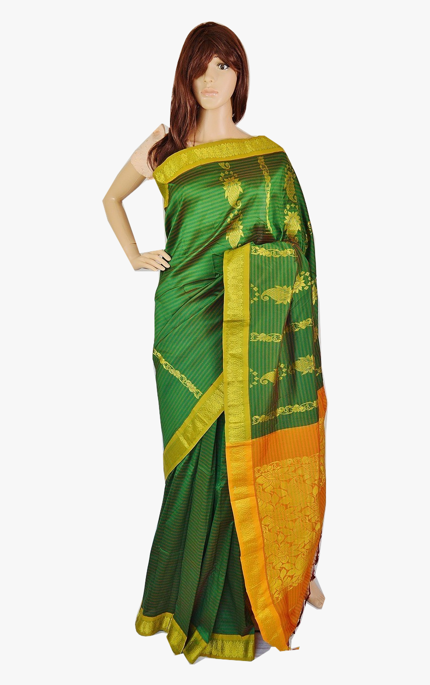 Gorgeous Green & Gold Stripe Silk Saree , Png Download - Saree And Dress Png, Transparent Png, Free Download