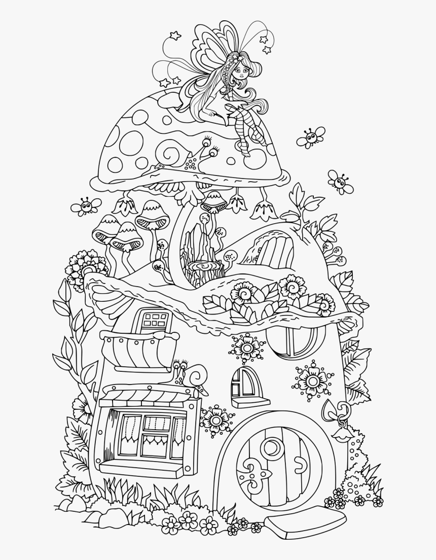 Cute Fairy House Coloring Page - Fairy And Mushroom House Coloring Pages, HD Png Download, Free Download