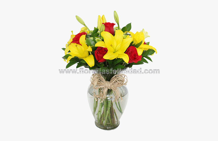 Florero Con Rosas Rojas Y Lilis Amarillas - Arreglos Con Lilis, HD Png Download, Free Download