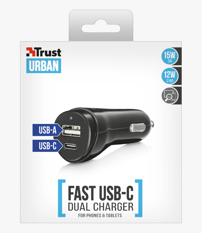 Fast Dual Usb-c & Usb Car Charger For Phones & Tablets - Trust Urban Power Bank 13000mah, HD Png Download, Free Download