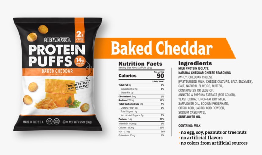 Shrewd Food Baked Cheddar Flavored Protein Puffs Bag - Shrewd Food Protein Puffs Baked Cheddar, HD Png Download, Free Download