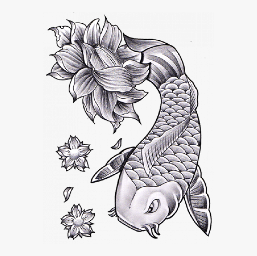 Black And White Koi Fish And Lotus Flower Tattoo, HD Png Download - kindpng