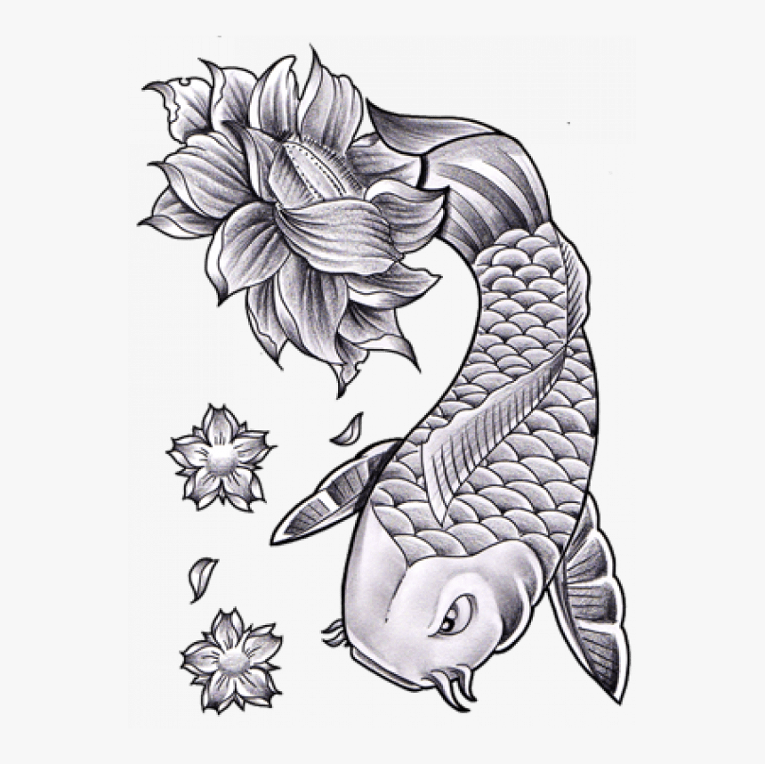 Black And White Koi Fish And Lotus Flower Tattoo, HD Png Download, Free Download