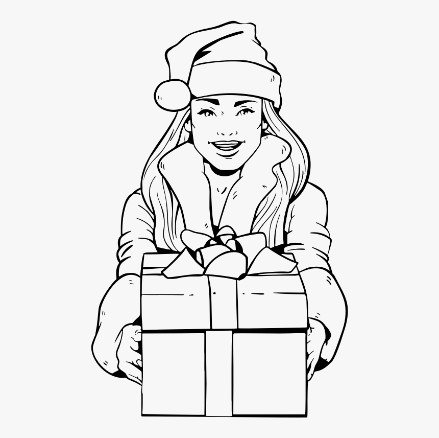 Woman In Santa Suit Line Art - Девушка Подарок Вектор, HD Png Download, Free Download