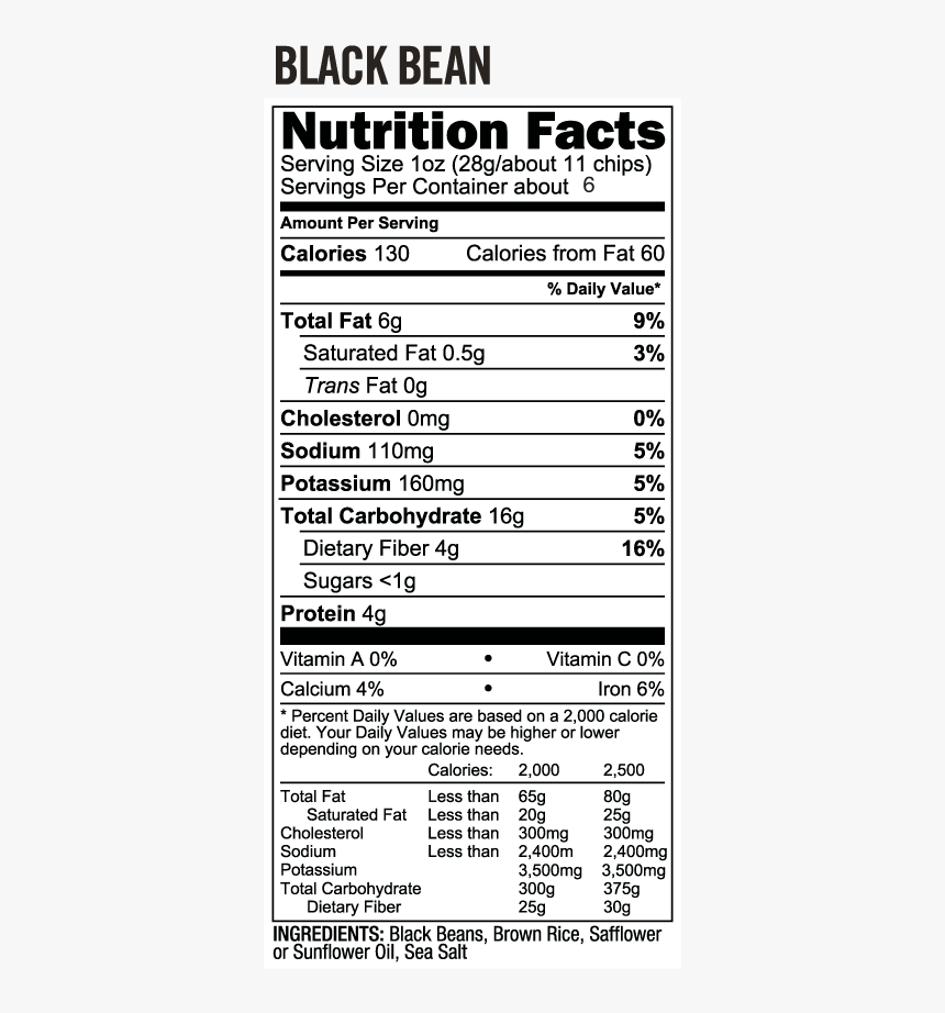 Black Bean & Sea Salt Bean Chips"
 
 Data Image Id="7360818217039"
 - Orange Juice Tropicana Nutrition Facts, HD Png Download, Free Download