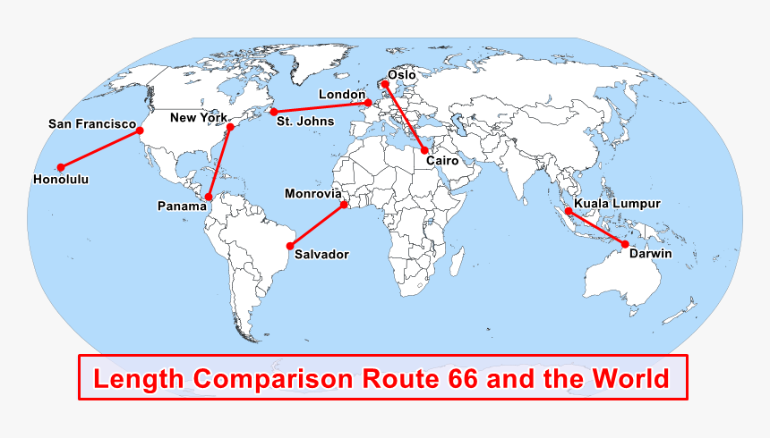 Map Comparing Route 66 Length With Distances Between - World Map With Europe Circled, HD Png Download, Free Download