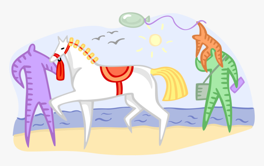 Vector Illustration Of White Horse On Beach With Father - Cartoon, HD Png Download, Free Download
