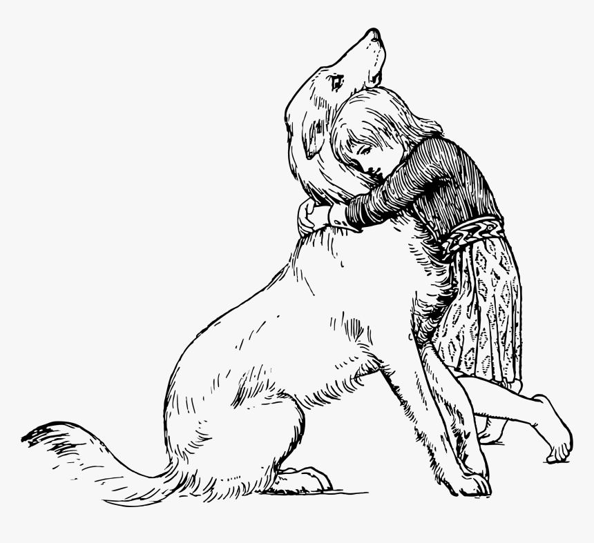 Dog And Human Sketch , Png Download - Girl Hugging Dog Drawing, Transparent Png, Free Download