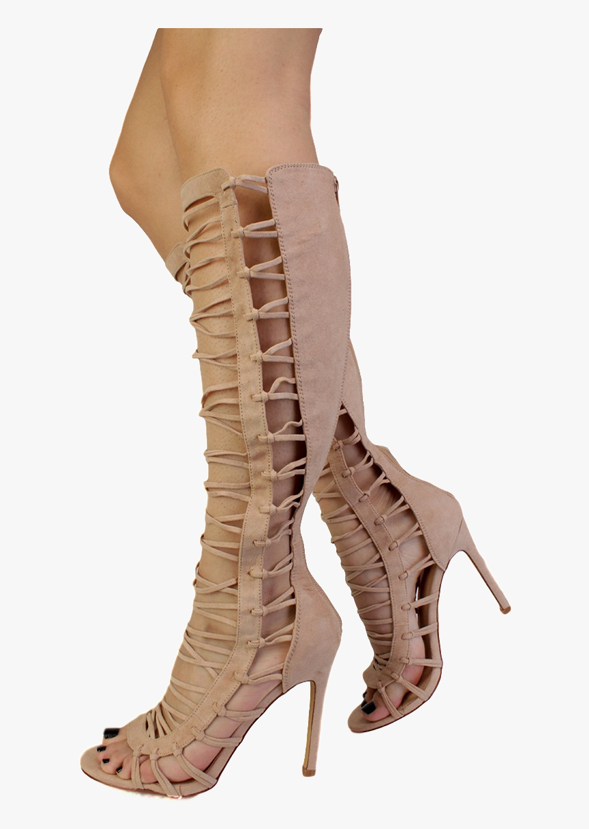 Quinn Nude Strappy Knee High Open Toe Stiletto Heel - Open Toe High Heels Boots, HD Png Download, Free Download