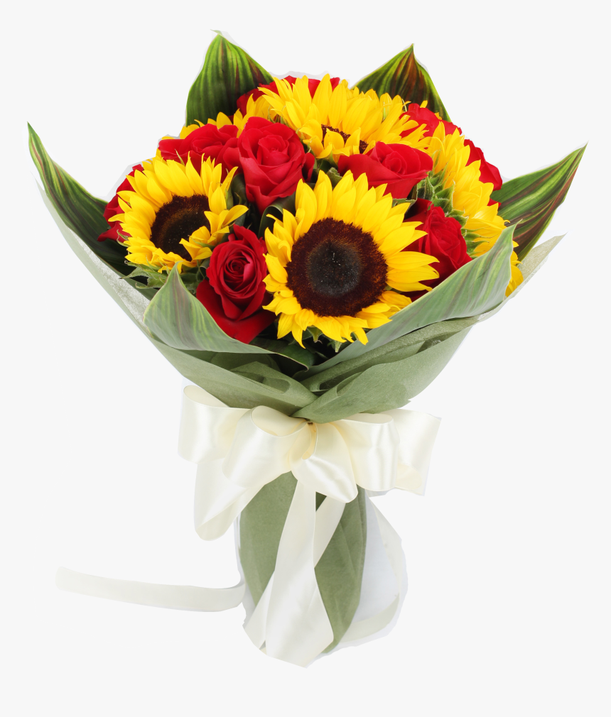 12 Roses And 6 Sunflowers To Philippines - Red Roses And Sunflowers, HD Png Download, Free Download