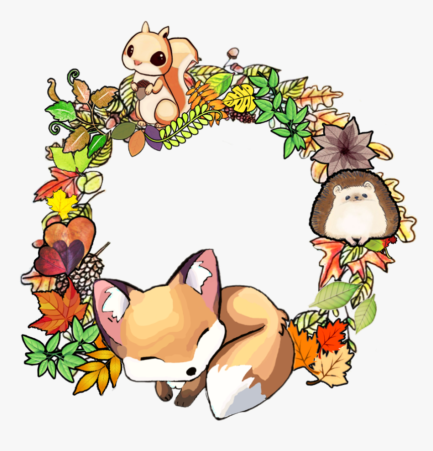 Fall Autumn Squirrel Fox Wreath Leaves - Cartoon, HD Png Download, Free Download