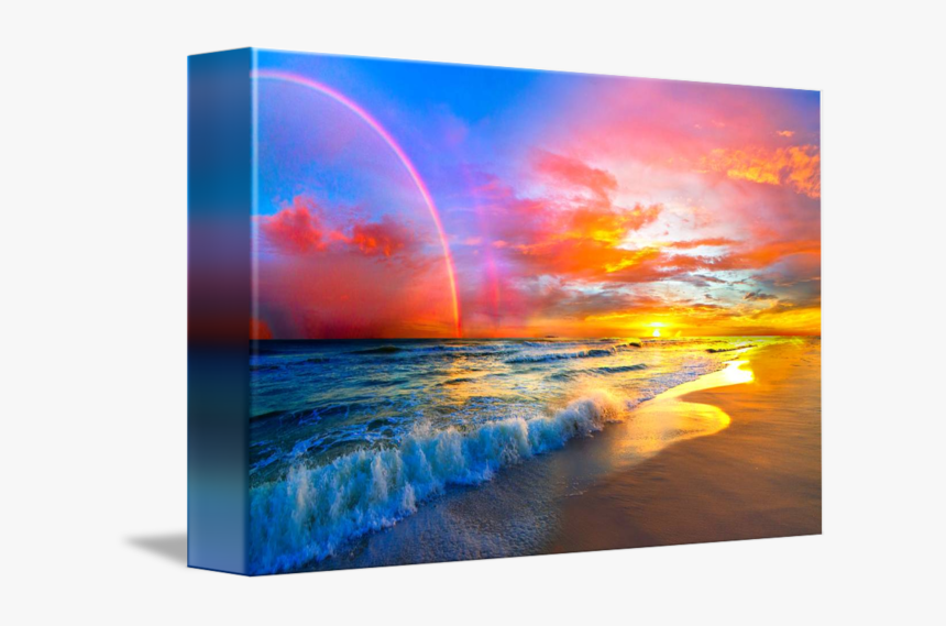 Pink Sunset Beach With Rainbow And Ocean Waves By Eszra, HD Png Download, Free Download