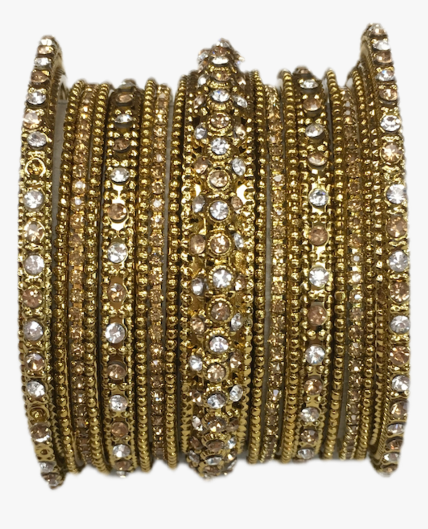 A Set Of 17 Gold / Clear Stone Bangles Set - Bangle, HD Png Download, Free Download