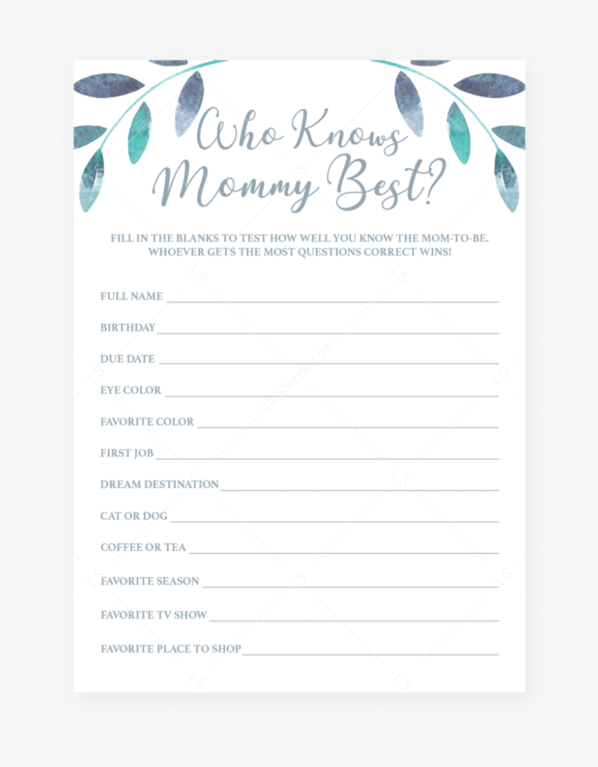 Printable Who Knows Mommy Best Quiz With Watercolor - Would She Rather Baby Shower Game, HD Png Download, Free Download