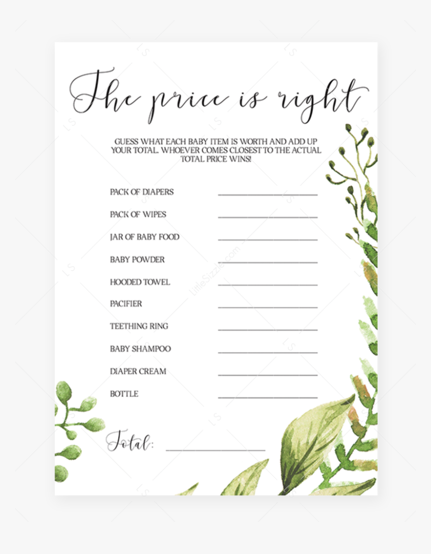 Guess The Price Baby Shower Game Printable Greenery - Printable Guess The Price Baby Shower Game, HD Png Download, Free Download