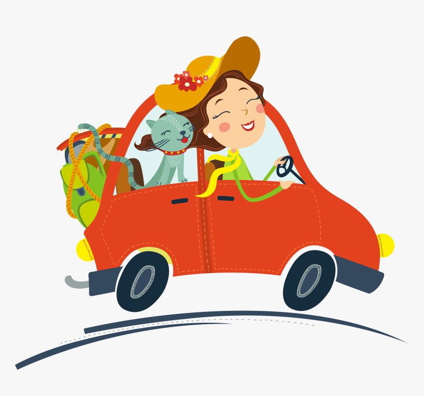 Clip Art Cartoon Car On Road - Cat In A Car Cartoon, HD Png Download, Free Download