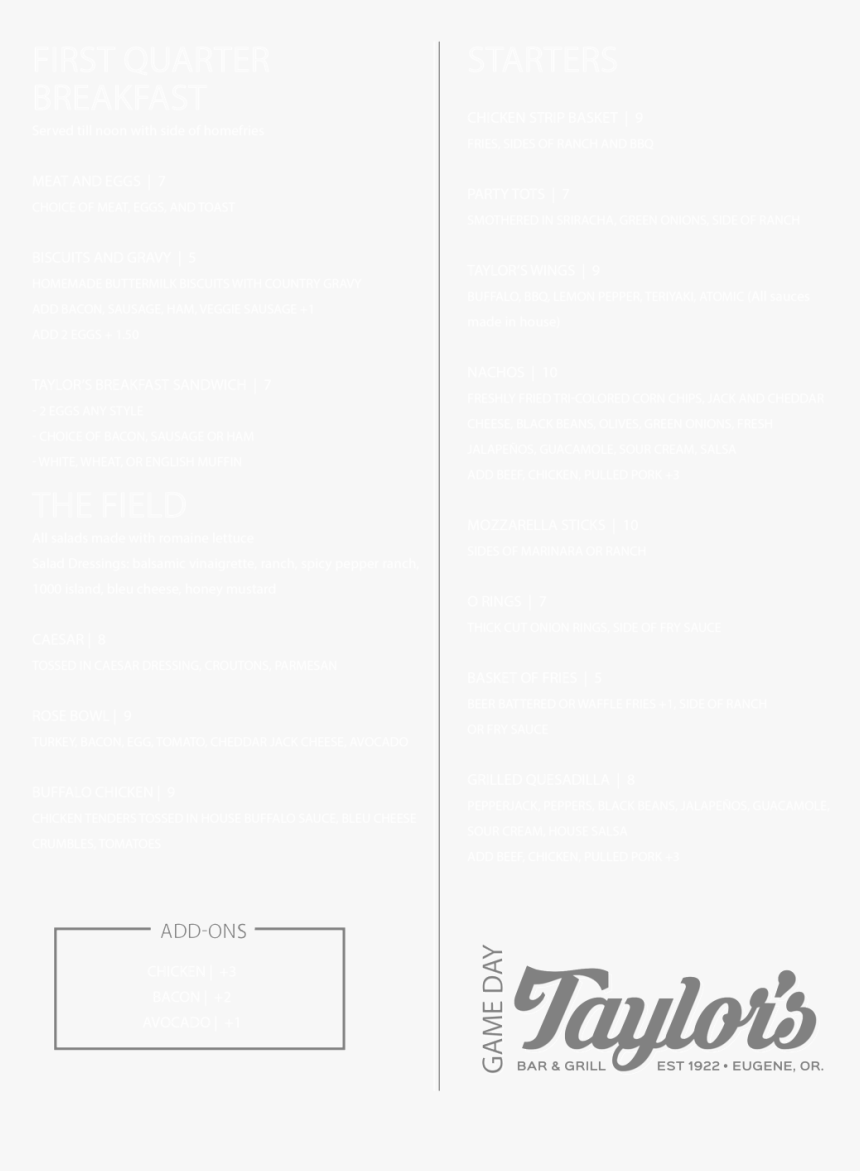 Taylor"s Gd Menu 082917 White-1 - Paper Product, HD Png Download, Free Download