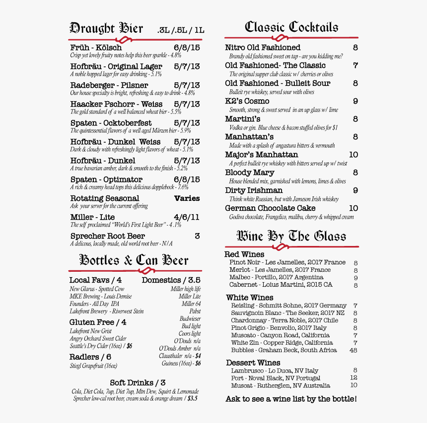 Kegels Inn Bar Drink Menu 10 2018 - Port Drink Menu, HD Png Download, Free Download