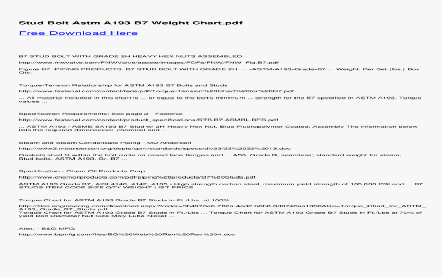 Stud Bolt Astm A193 B7 Weight Chart , Png Download - Stud Bolt Torque Chart Astm A193 B7 Pdf, Transparent Png, Free Download