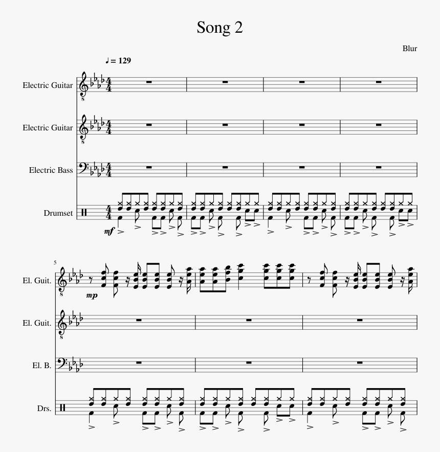 Song 2- Blur Sheet Music For Bass, Guitar, Percussion - Blur Song 2 Gittarennotes, HD Png Download, Free Download