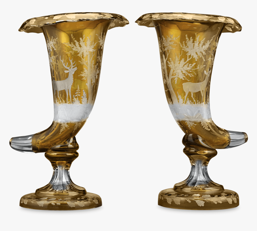 Amber Glass Cornucopia Vases With Woodland Scene - Antique, HD Png Download, Free Download