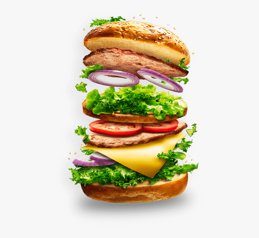 Slider-img - Burger With Flying Ingredients, HD Png Download, Free Download
