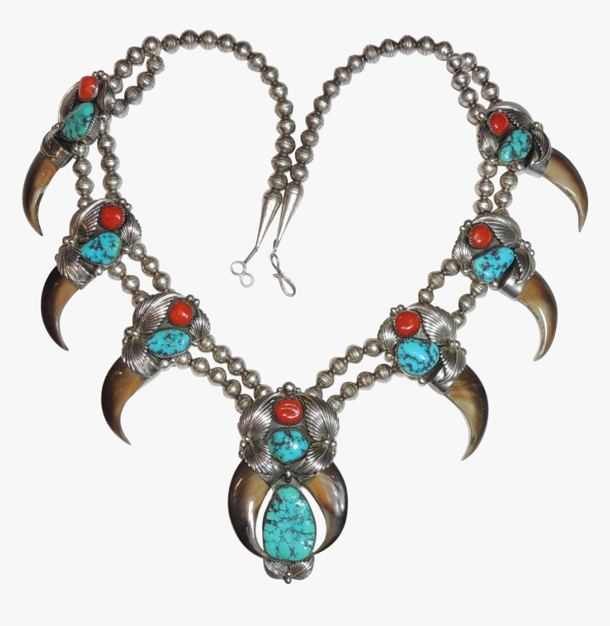 Signed Navajo Bear Claw, Turquoise, Coral Squash Blossom - Squash Blossom Necklace Bearclaw, HD Png Download, Free Download