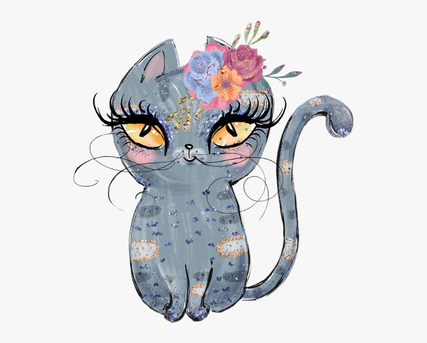 #watercolor #cat #grey #flowers #cateyes #floral #whiskers - Cartoon, HD Png Download, Free Download
