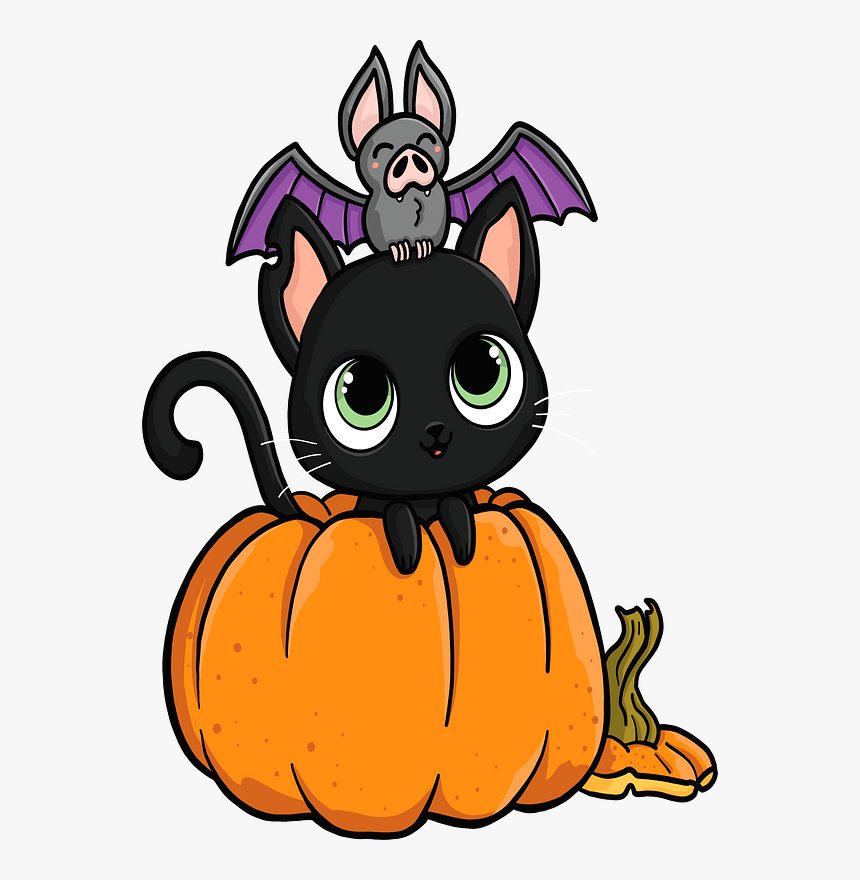 Halloween Cat And Bat Clipart - Halloween Cute, HD Png Download, Free Download