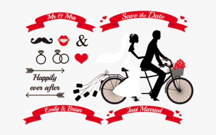 Just Married Bride And Groom On Tandem Bicycle Pil - Tandem Bike Just Married, HD Png Download, Free Download