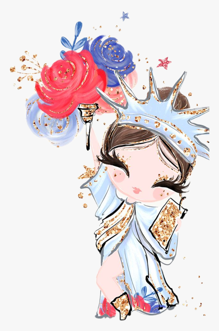 #watercolor #ladyliberty #red #white #blue #flowers - Cartoon, HD Png Download, Free Download
