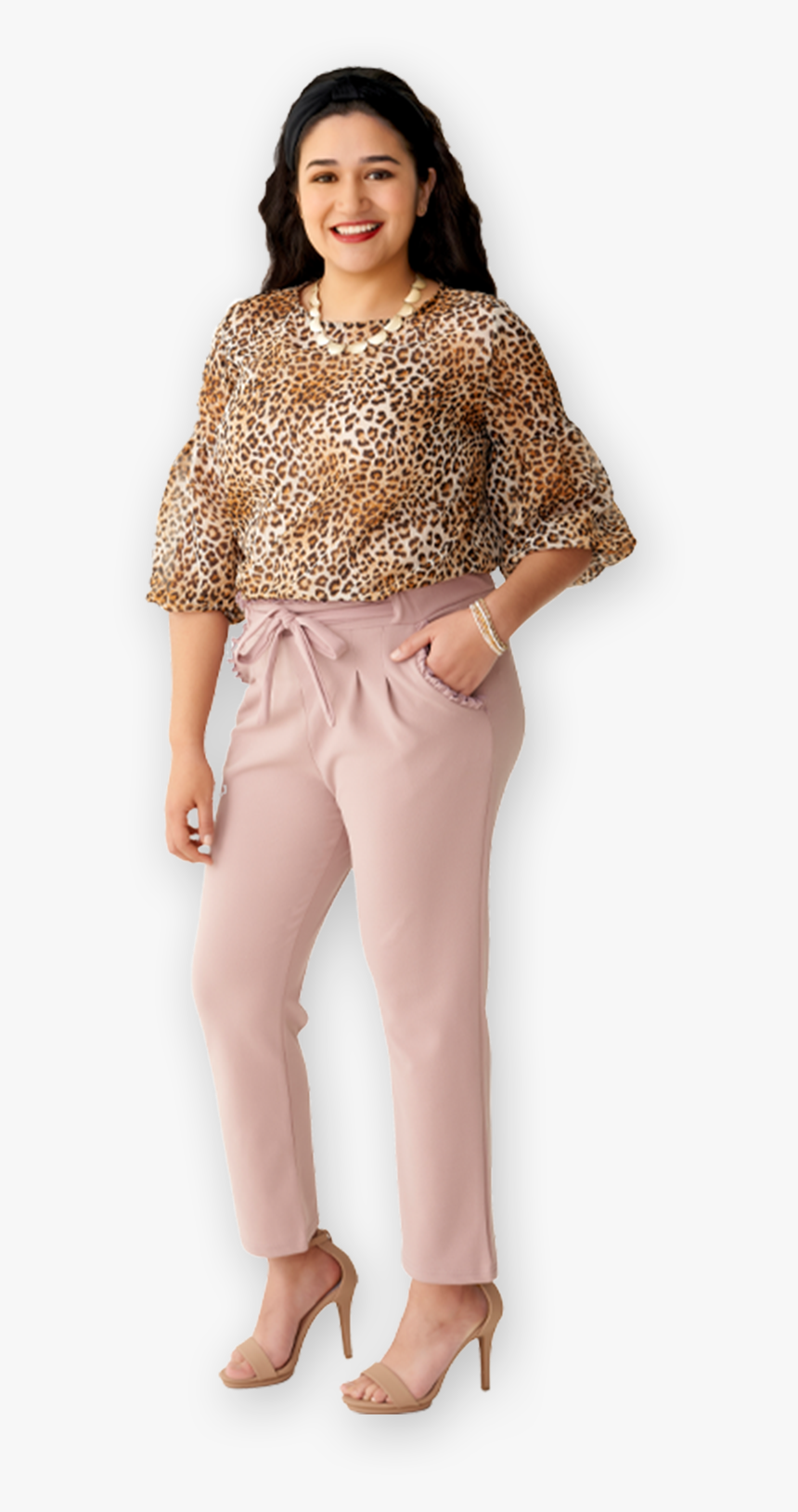 Lady In Leopard Print Shirt And Blush Pants With High - Leopard Print And Blush Outfit, HD Png Download, Free Download