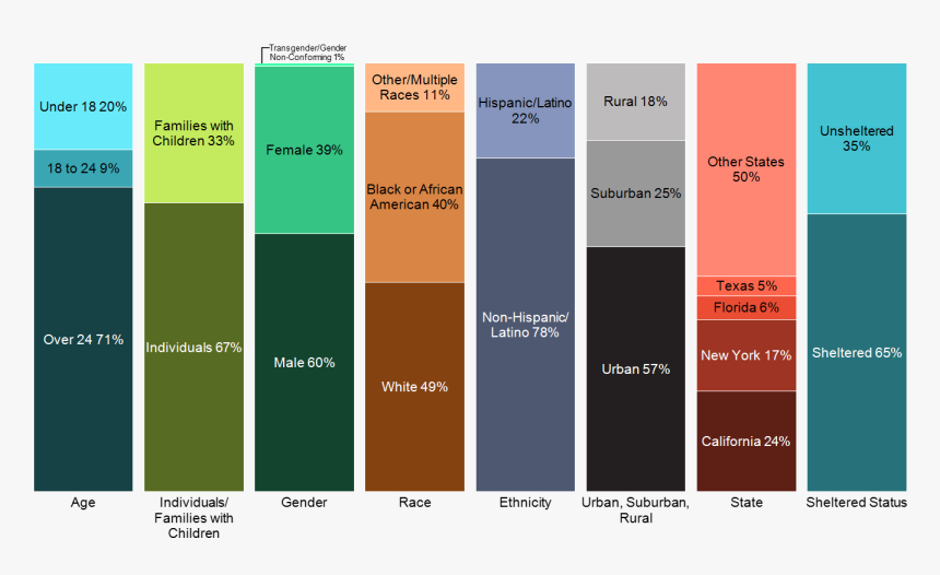 100% Stacked Bar Chart Of Homeless By Age, Gender, - Many Homeless In America 2019, HD Png Download, Free Download